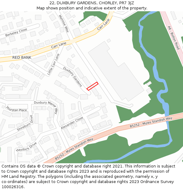 22, DUXBURY GARDENS, CHORLEY, PR7 3JZ: Location map and indicative extent of plot