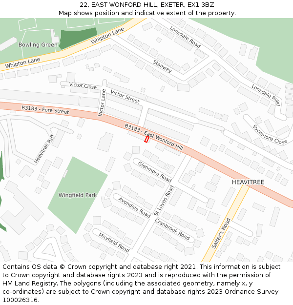 22, EAST WONFORD HILL, EXETER, EX1 3BZ: Location map and indicative extent of plot