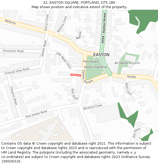 22, EASTON SQUARE, PORTLAND, DT5 1BX: Location map and indicative extent of plot