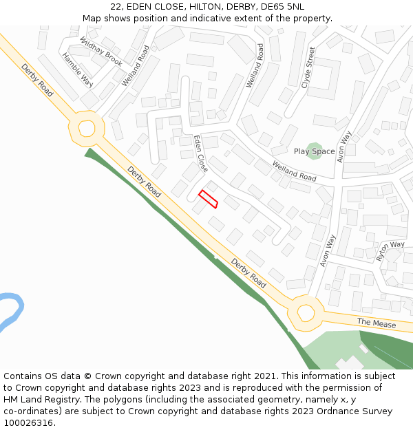 22, EDEN CLOSE, HILTON, DERBY, DE65 5NL: Location map and indicative extent of plot