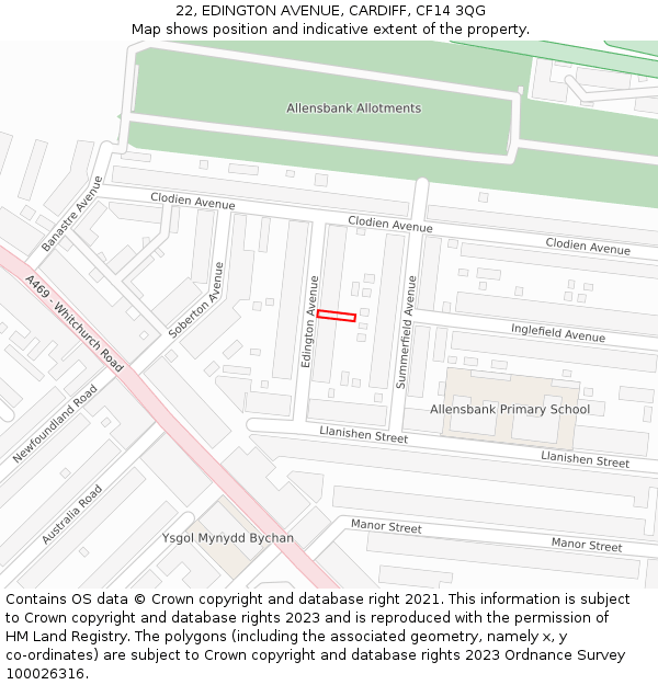 22, EDINGTON AVENUE, CARDIFF, CF14 3QG: Location map and indicative extent of plot