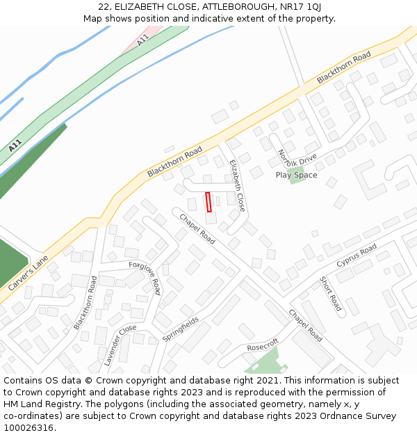 22, ELIZABETH CLOSE, ATTLEBOROUGH, NR17 1QJ: Location map and indicative extent of plot