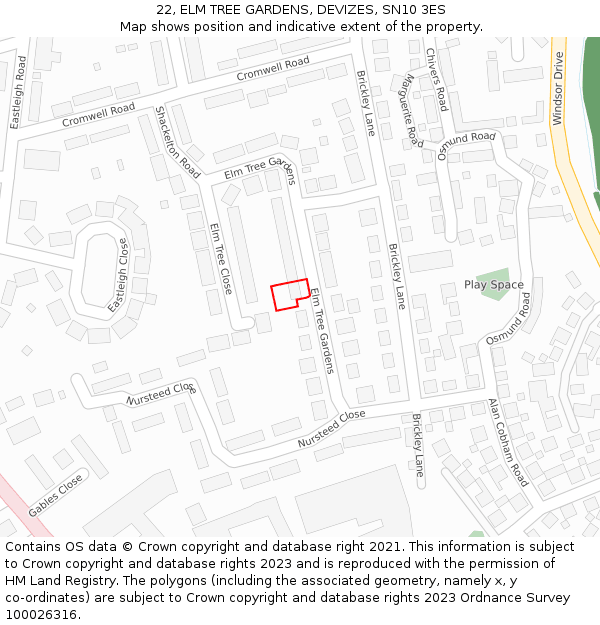 22, ELM TREE GARDENS, DEVIZES, SN10 3ES: Location map and indicative extent of plot