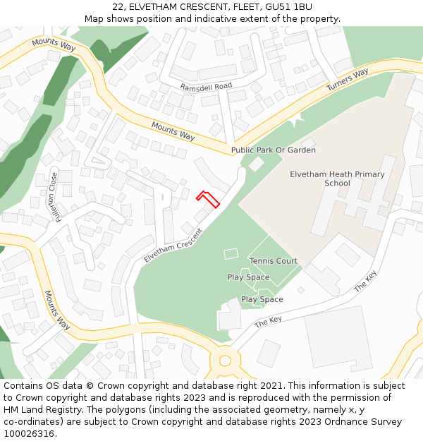 22, ELVETHAM CRESCENT, FLEET, GU51 1BU: Location map and indicative extent of plot