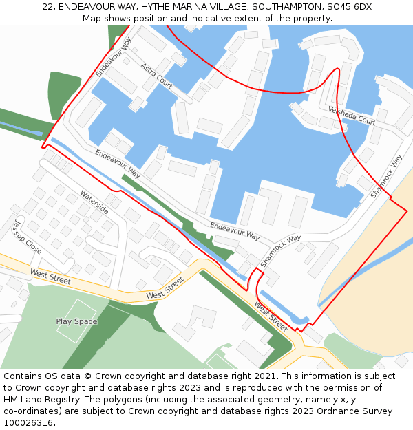 22, ENDEAVOUR WAY, HYTHE MARINA VILLAGE, SOUTHAMPTON, SO45 6DX: Location map and indicative extent of plot