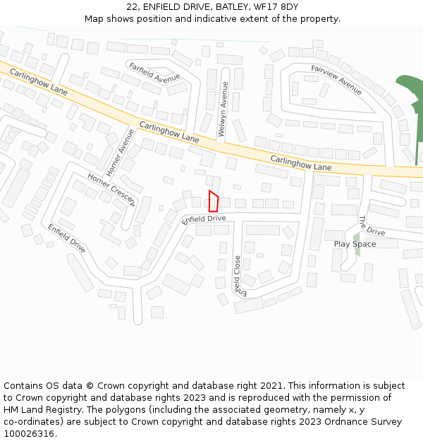 22, ENFIELD DRIVE, BATLEY, WF17 8DY: Location map and indicative extent of plot