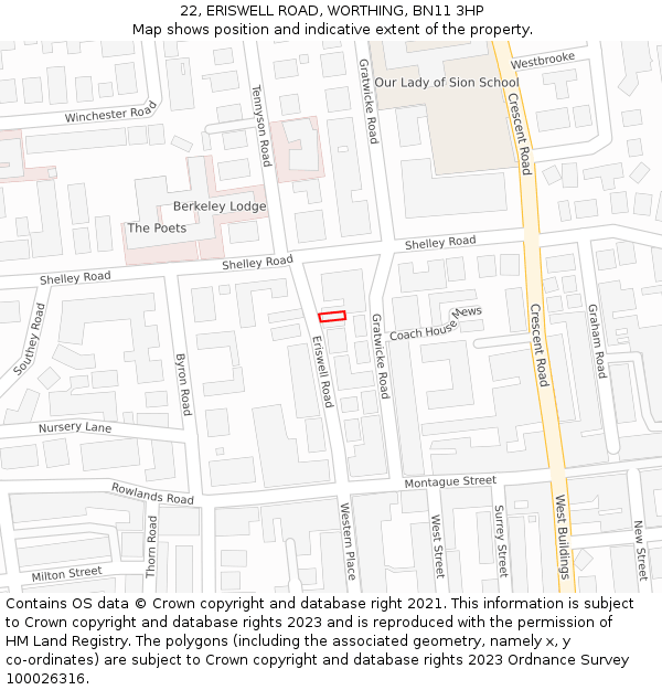 22, ERISWELL ROAD, WORTHING, BN11 3HP: Location map and indicative extent of plot