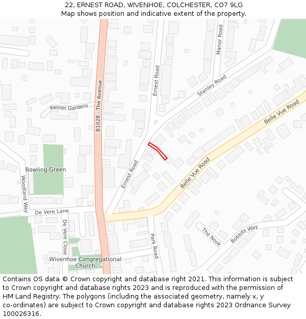 22, ERNEST ROAD, WIVENHOE, COLCHESTER, CO7 9LG: Location map and indicative extent of plot