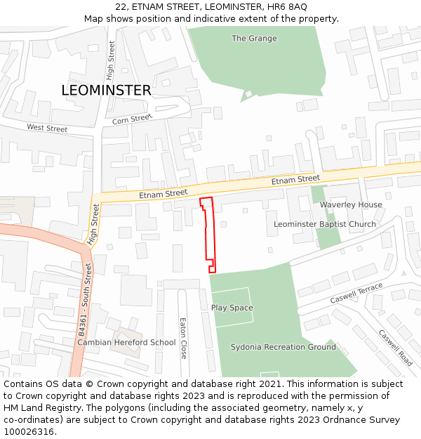 22, ETNAM STREET, LEOMINSTER, HR6 8AQ: Location map and indicative extent of plot