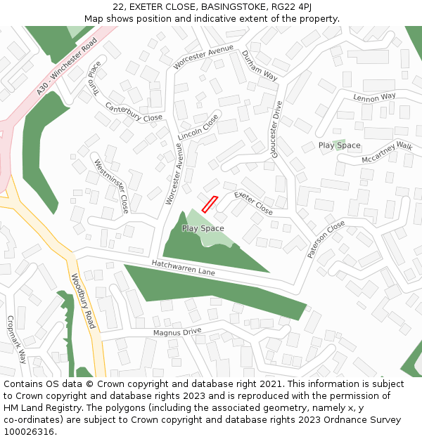 22, EXETER CLOSE, BASINGSTOKE, RG22 4PJ: Location map and indicative extent of plot