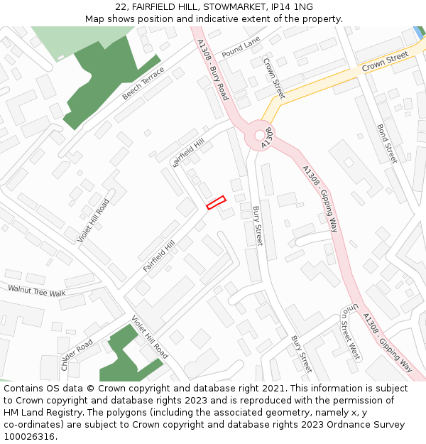 22, FAIRFIELD HILL, STOWMARKET, IP14 1NG: Location map and indicative extent of plot