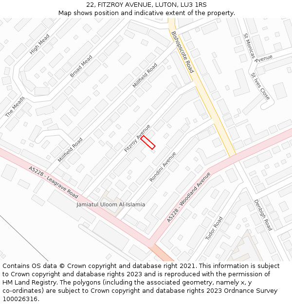 22, FITZROY AVENUE, LUTON, LU3 1RS: Location map and indicative extent of plot