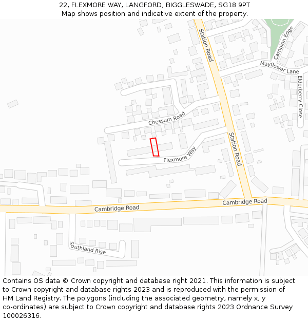 22, FLEXMORE WAY, LANGFORD, BIGGLESWADE, SG18 9PT: Location map and indicative extent of plot