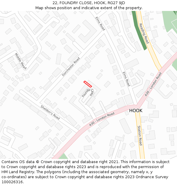 22, FOUNDRY CLOSE, HOOK, RG27 9JD: Location map and indicative extent of plot