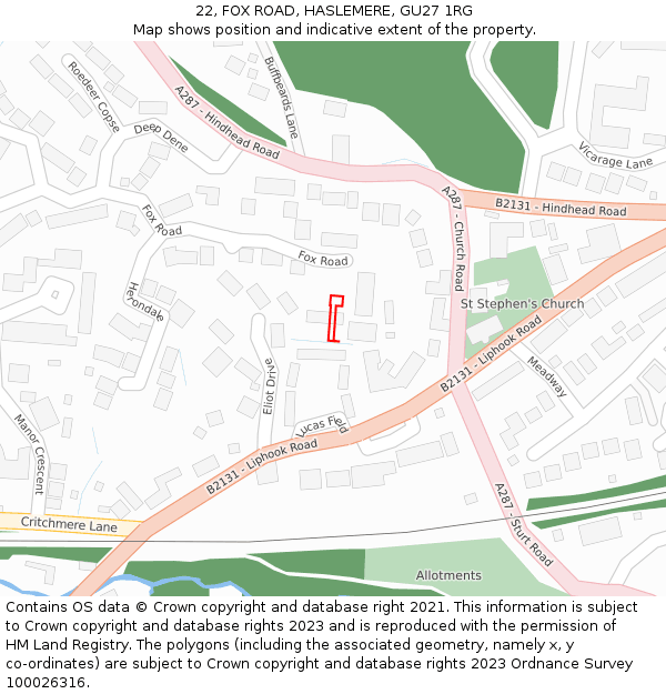 22, FOX ROAD, HASLEMERE, GU27 1RG: Location map and indicative extent of plot