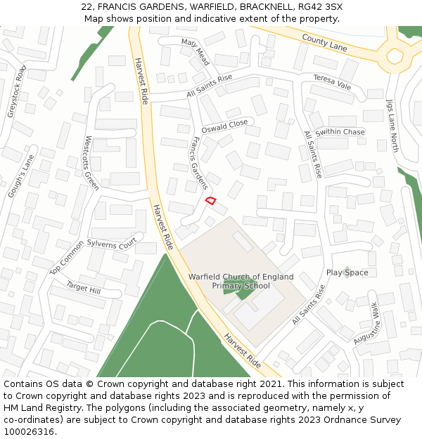 22, FRANCIS GARDENS, WARFIELD, BRACKNELL, RG42 3SX: Location map and indicative extent of plot