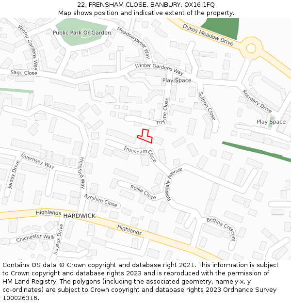 22, FRENSHAM CLOSE, BANBURY, OX16 1FQ: Location map and indicative extent of plot
