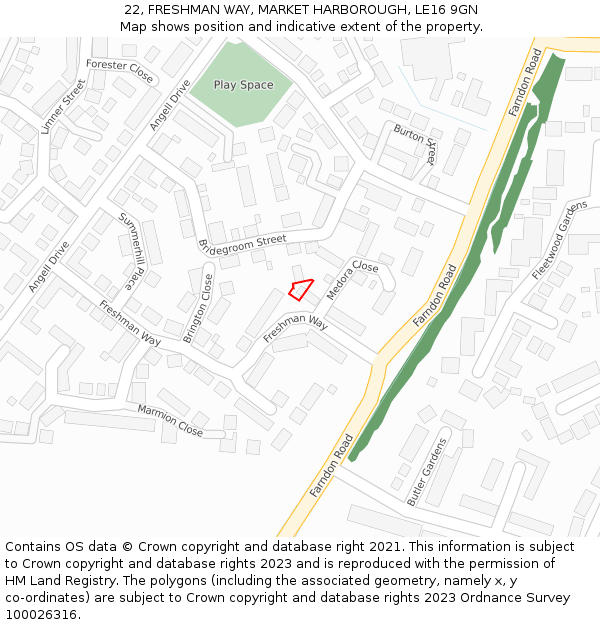 22, FRESHMAN WAY, MARKET HARBOROUGH, LE16 9GN: Location map and indicative extent of plot