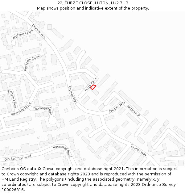 22, FURZE CLOSE, LUTON, LU2 7UB: Location map and indicative extent of plot