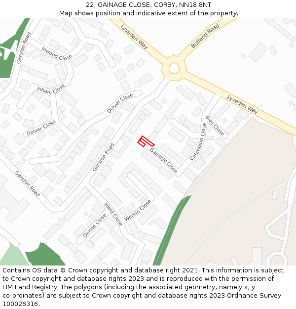 22, GAINAGE CLOSE, CORBY, NN18 8NT: Location map and indicative extent of plot