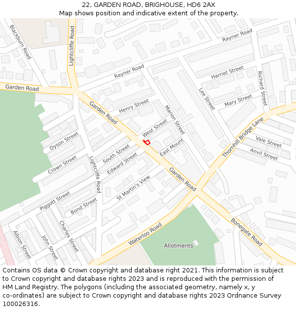 22, GARDEN ROAD, BRIGHOUSE, HD6 2AX: Location map and indicative extent of plot