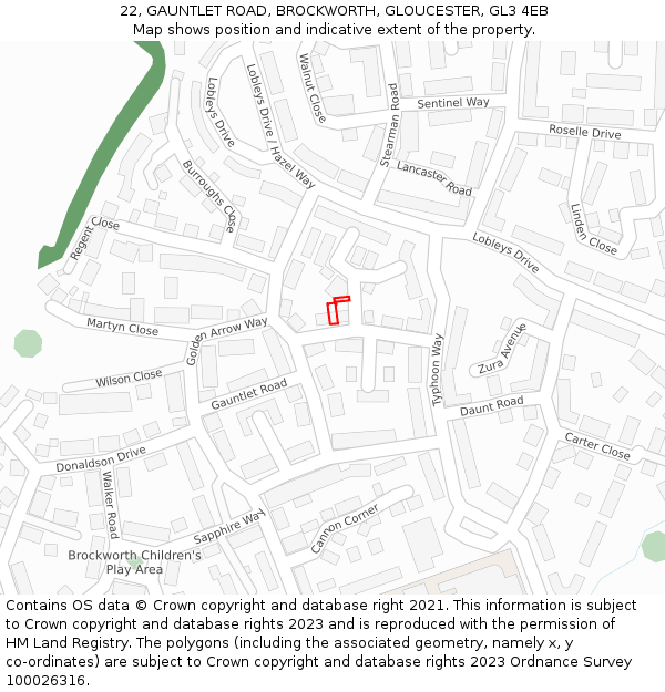 22, GAUNTLET ROAD, BROCKWORTH, GLOUCESTER, GL3 4EB: Location map and indicative extent of plot