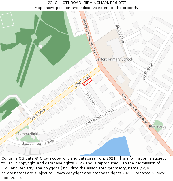 22, GILLOTT ROAD, BIRMINGHAM, B16 0EZ: Location map and indicative extent of plot