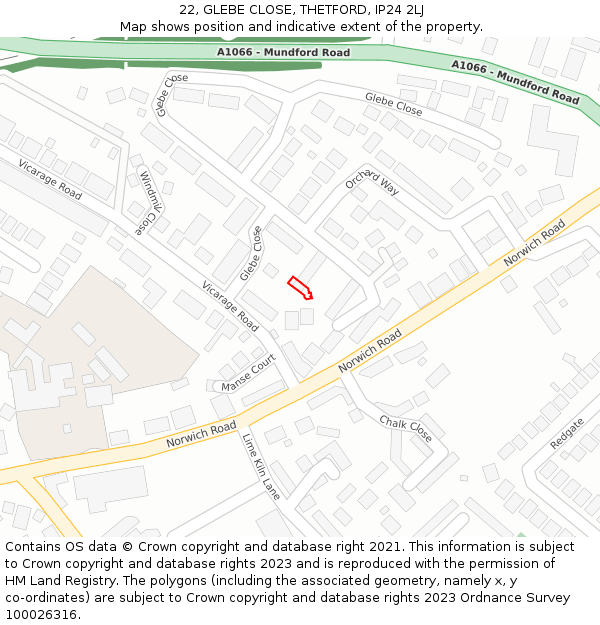 22, GLEBE CLOSE, THETFORD, IP24 2LJ: Location map and indicative extent of plot