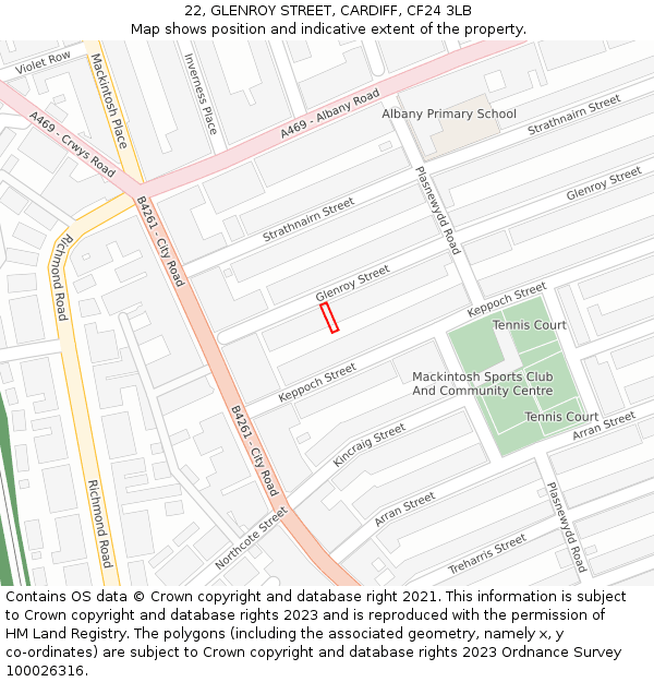 22, GLENROY STREET, CARDIFF, CF24 3LB: Location map and indicative extent of plot