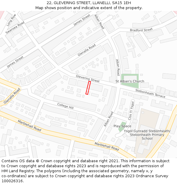 22, GLEVERING STREET, LLANELLI, SA15 1EH: Location map and indicative extent of plot
