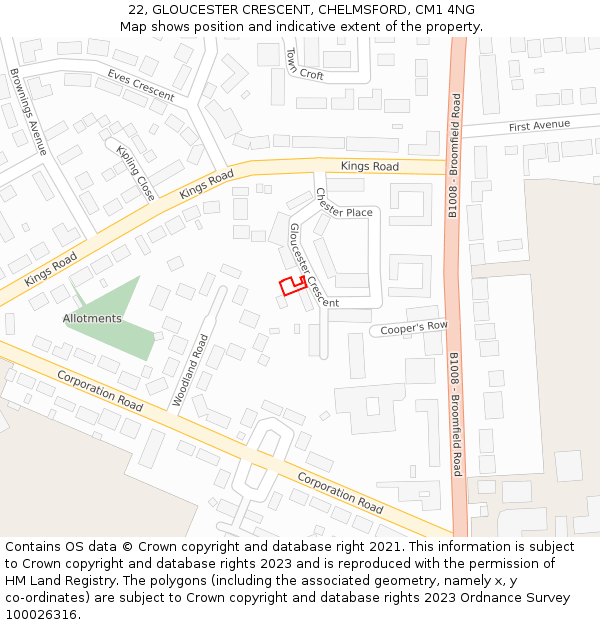 22, GLOUCESTER CRESCENT, CHELMSFORD, CM1 4NG: Location map and indicative extent of plot