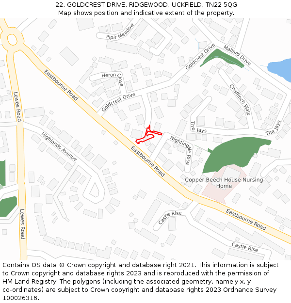 22, GOLDCREST DRIVE, RIDGEWOOD, UCKFIELD, TN22 5QG: Location map and indicative extent of plot