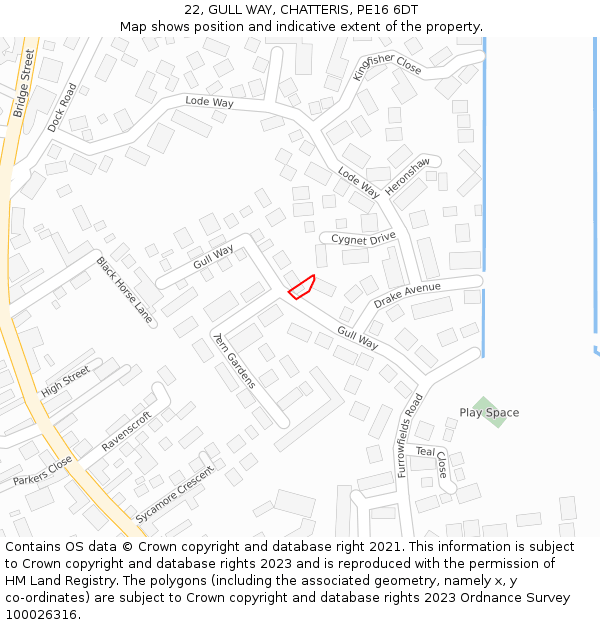 22, GULL WAY, CHATTERIS, PE16 6DT: Location map and indicative extent of plot