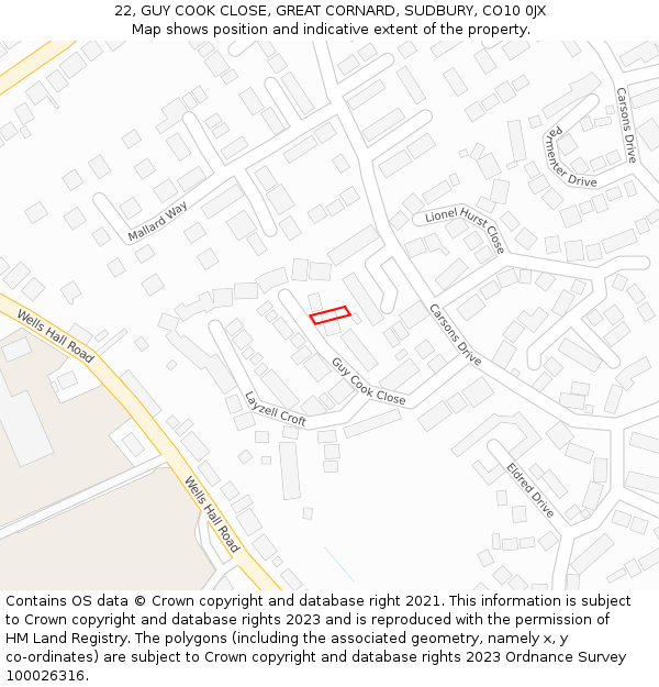 22, GUY COOK CLOSE, GREAT CORNARD, SUDBURY, CO10 0JX: Location map and indicative extent of plot