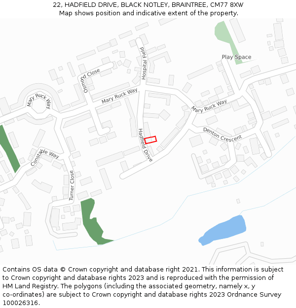 22, HADFIELD DRIVE, BLACK NOTLEY, BRAINTREE, CM77 8XW: Location map and indicative extent of plot