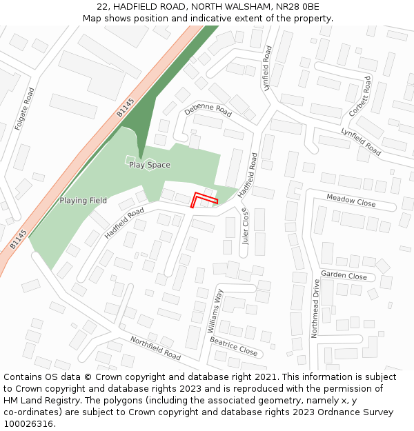 22, HADFIELD ROAD, NORTH WALSHAM, NR28 0BE: Location map and indicative extent of plot