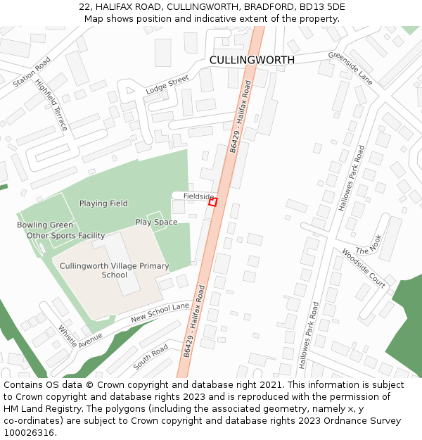 22, HALIFAX ROAD, CULLINGWORTH, BRADFORD, BD13 5DE: Location map and indicative extent of plot