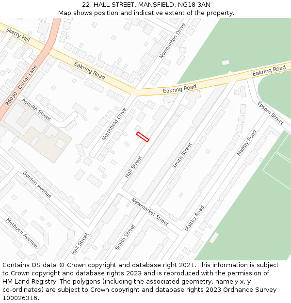 22, HALL STREET, MANSFIELD, NG18 3AN: Location map and indicative extent of plot
