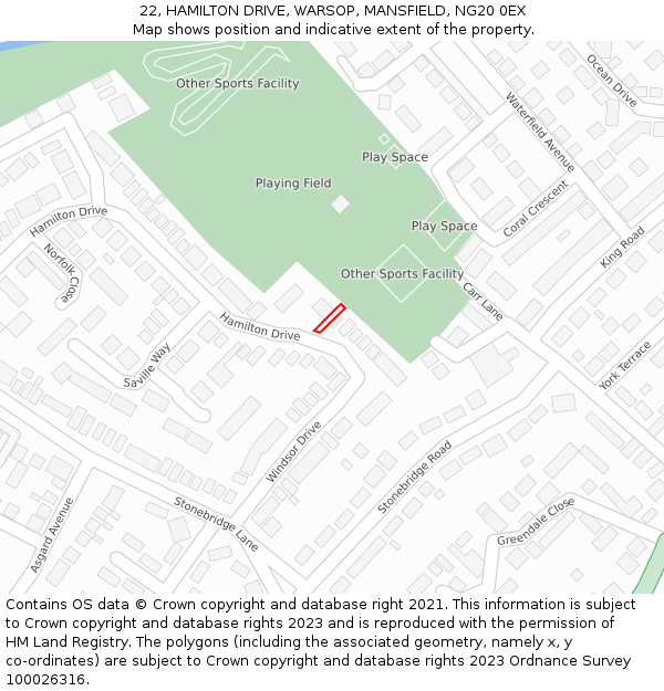 22, HAMILTON DRIVE, WARSOP, MANSFIELD, NG20 0EX: Location map and indicative extent of plot