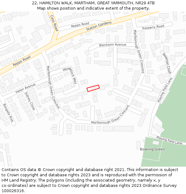22, HAMILTON WALK, MARTHAM, GREAT YARMOUTH, NR29 4TB: Location map and indicative extent of plot