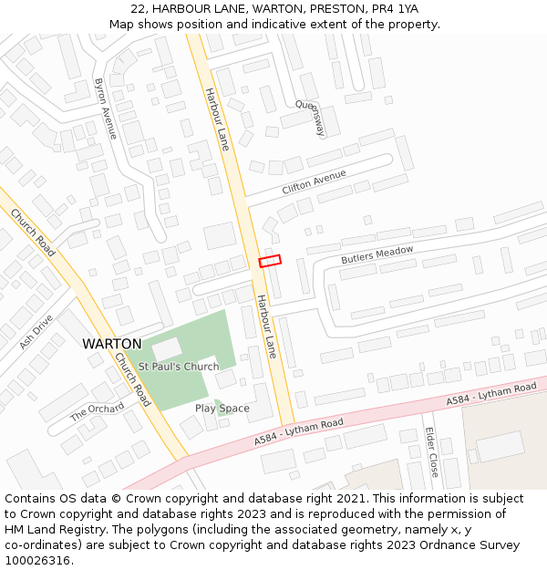 22, HARBOUR LANE, WARTON, PRESTON, PR4 1YA: Location map and indicative extent of plot