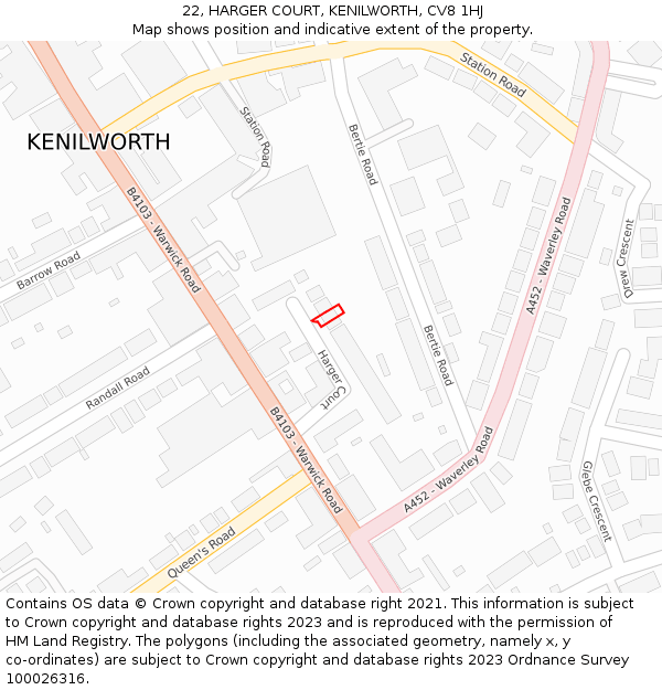 22, HARGER COURT, KENILWORTH, CV8 1HJ: Location map and indicative extent of plot