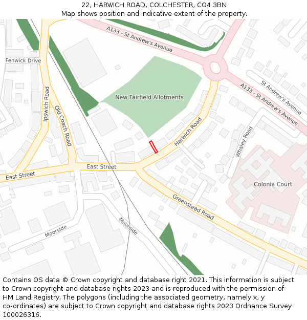 22, HARWICH ROAD, COLCHESTER, CO4 3BN: Location map and indicative extent of plot