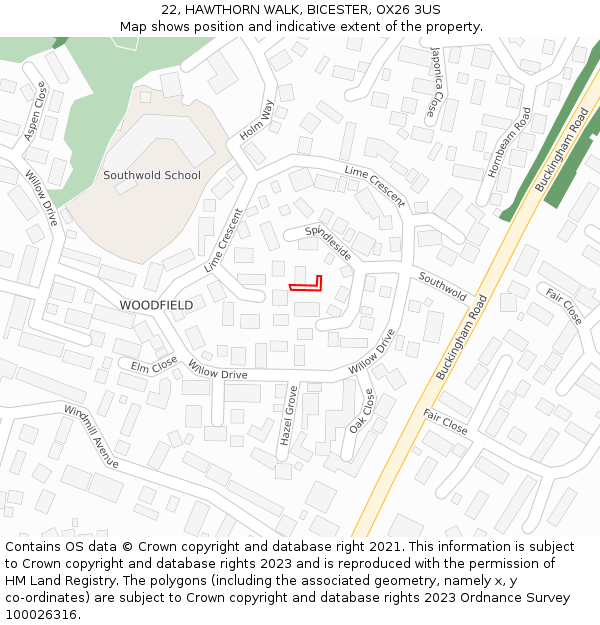 22, HAWTHORN WALK, BICESTER, OX26 3US: Location map and indicative extent of plot