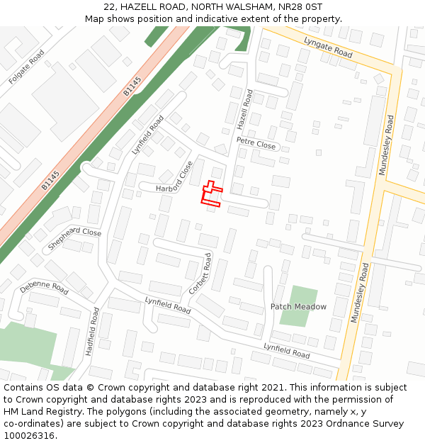 22, HAZELL ROAD, NORTH WALSHAM, NR28 0ST: Location map and indicative extent of plot