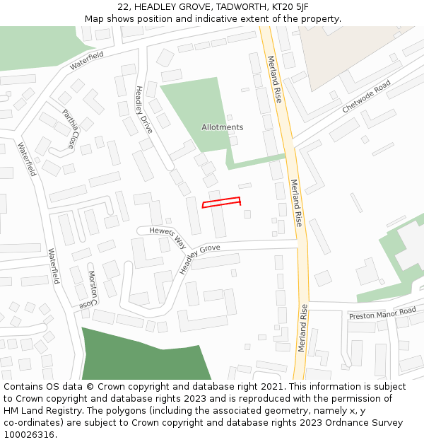 22, HEADLEY GROVE, TADWORTH, KT20 5JF: Location map and indicative extent of plot