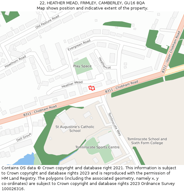 22, HEATHER MEAD, FRIMLEY, CAMBERLEY, GU16 8QA: Location map and indicative extent of plot