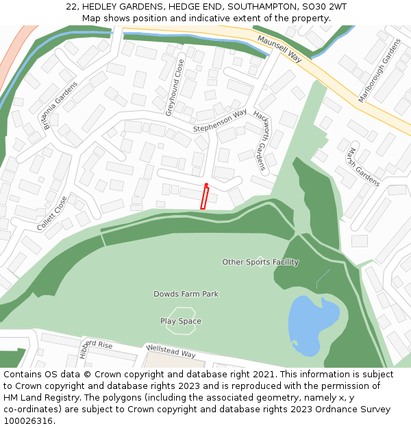 22, HEDLEY GARDENS, HEDGE END, SOUTHAMPTON, SO30 2WT: Location map and indicative extent of plot