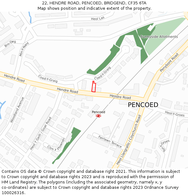 22, HENDRE ROAD, PENCOED, BRIDGEND, CF35 6TA: Location map and indicative extent of plot