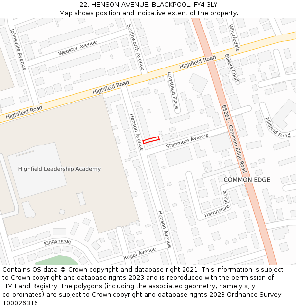 22, HENSON AVENUE, BLACKPOOL, FY4 3LY: Location map and indicative extent of plot